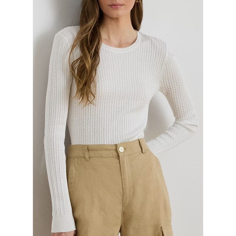 NWT LAUREN Ralph Lauren Black Label Ivory Mini Cable Crewneck Sweater PXS Preppy